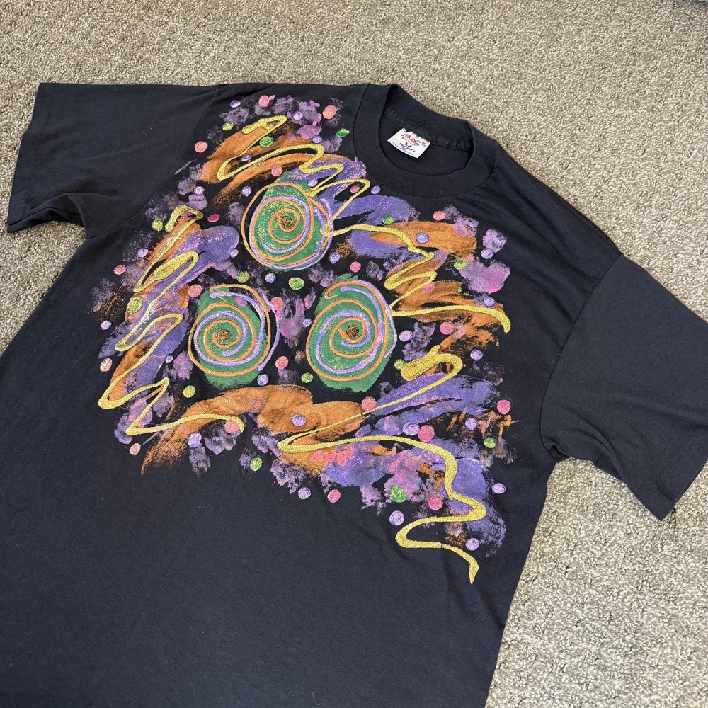 Vintage Abstract Swirl Graphic Black T-Shirt XL‎ Tee Jays Made in USA 90's
